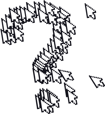A bunch of cursors forming a question mark. Illustrated in a pixelated style.