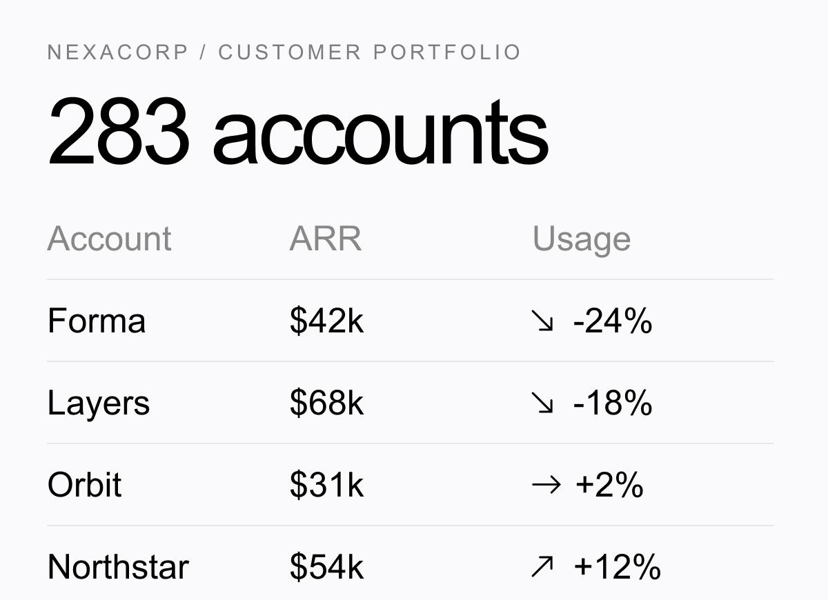 NexaCorp customer portfolio table of 283 accounts with ARR and usage change