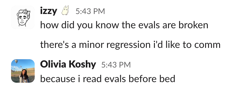 Oliva tells Izzy that she reads evals before bed